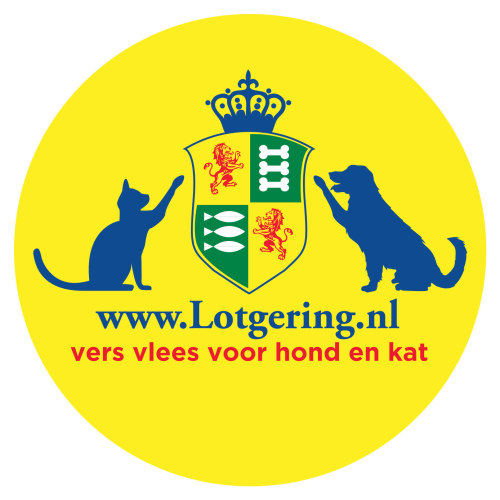 Het ronde Lotgering logo met gele achtergrond. Links de kat, rechts de hond. In het midden een wapenschild.